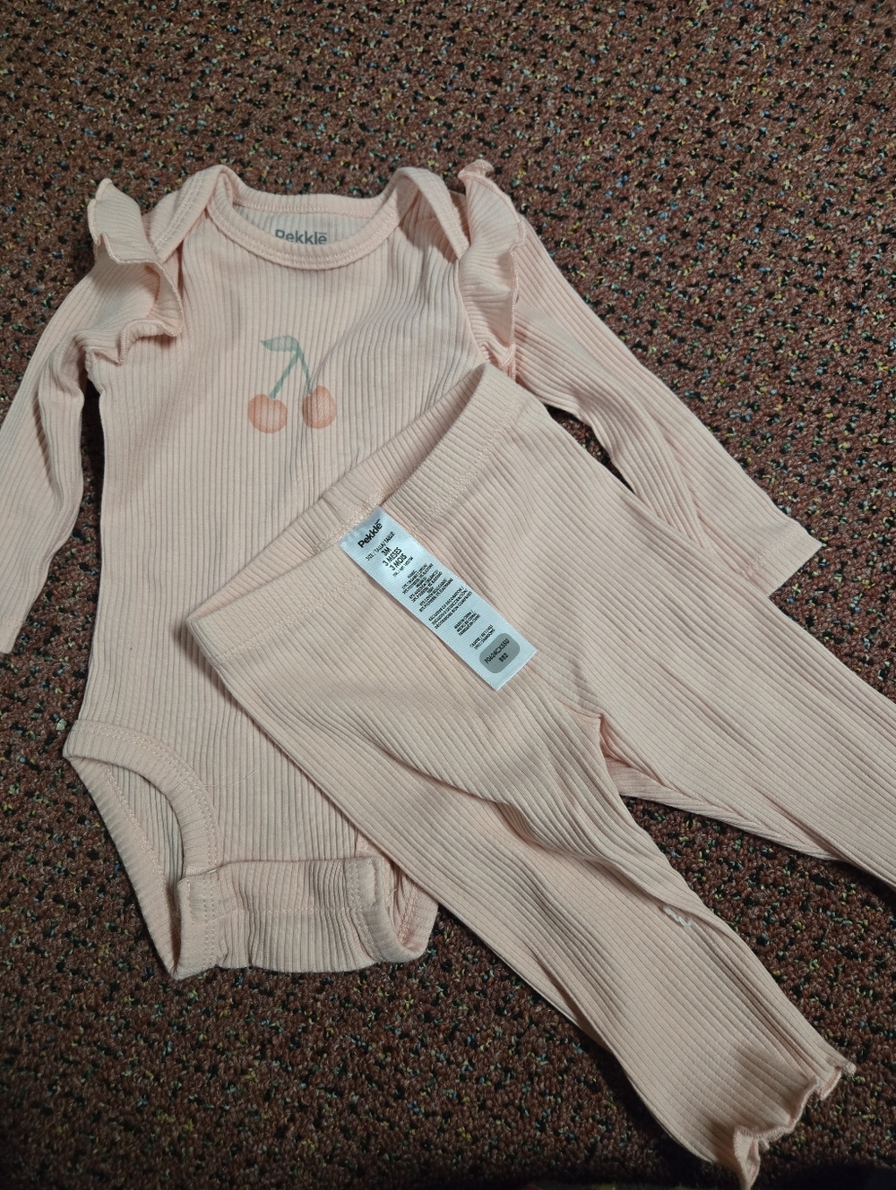 Pink Ribbed Baby Two-Piece Set with Cherry Motif